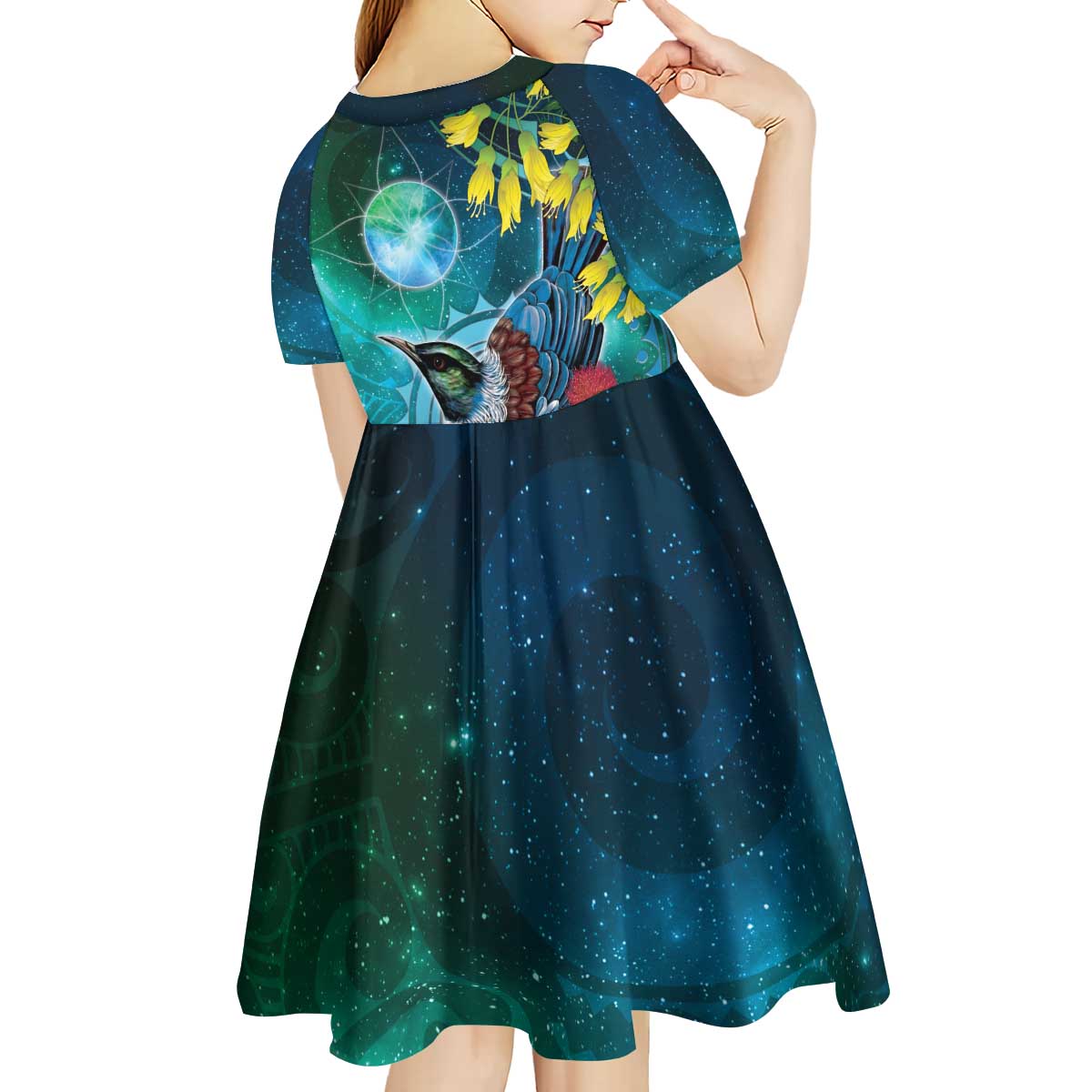 New Zealand Tui Bird Kid Short Sleeve Dress Maori Koru With Pohutukawa Galaxy Style - Aussie Hoodie