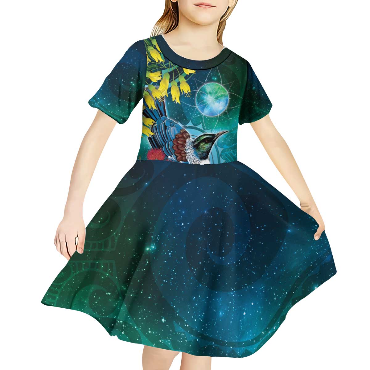 New Zealand Tui Bird Kid Short Sleeve Dress Maori Koru With Pohutukawa Galaxy Style - Aussie Hoodie