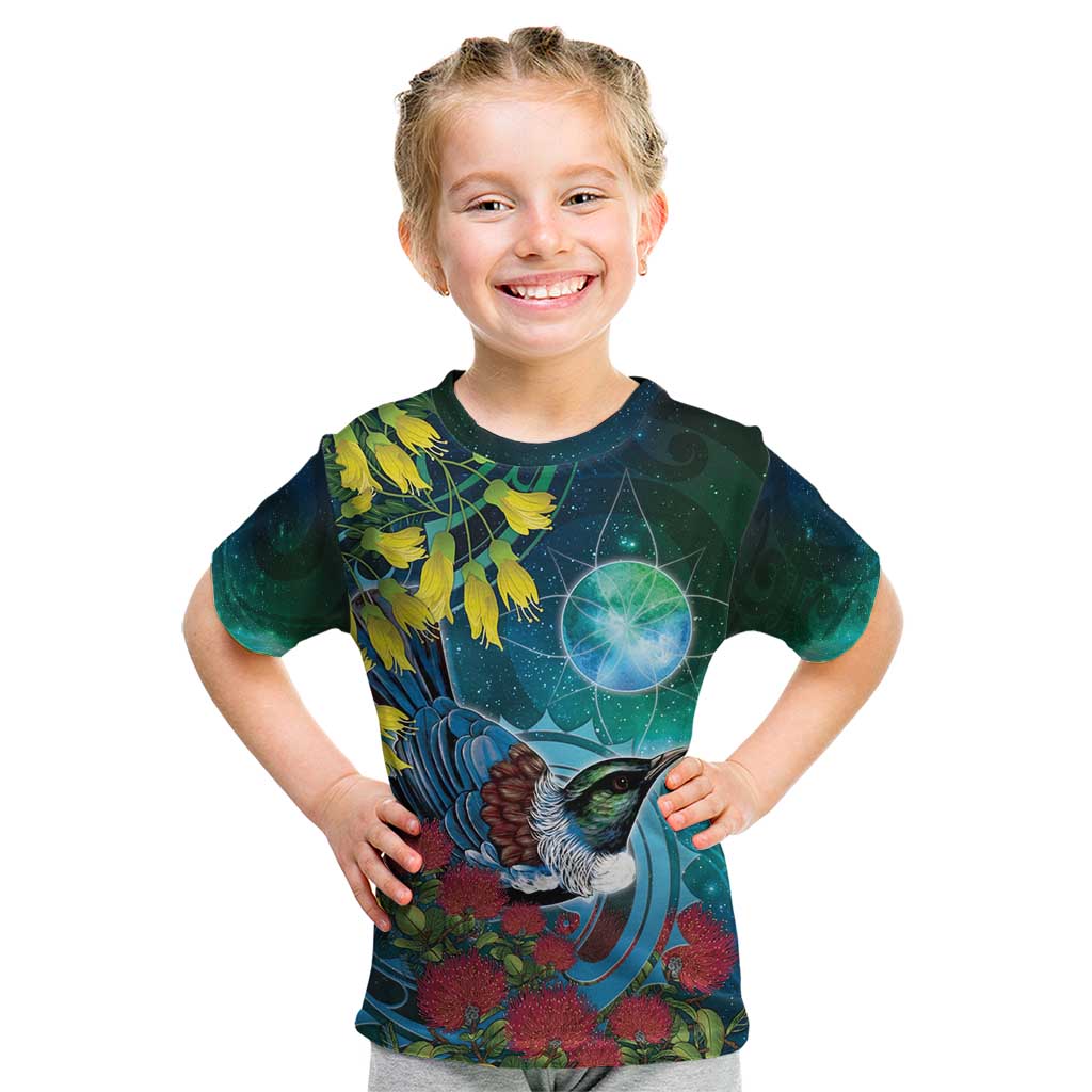 New Zealand Tui Bird Kid T Shirt Maori Koru With Pohutukawa Galaxy Style - Aussie Hoodie
