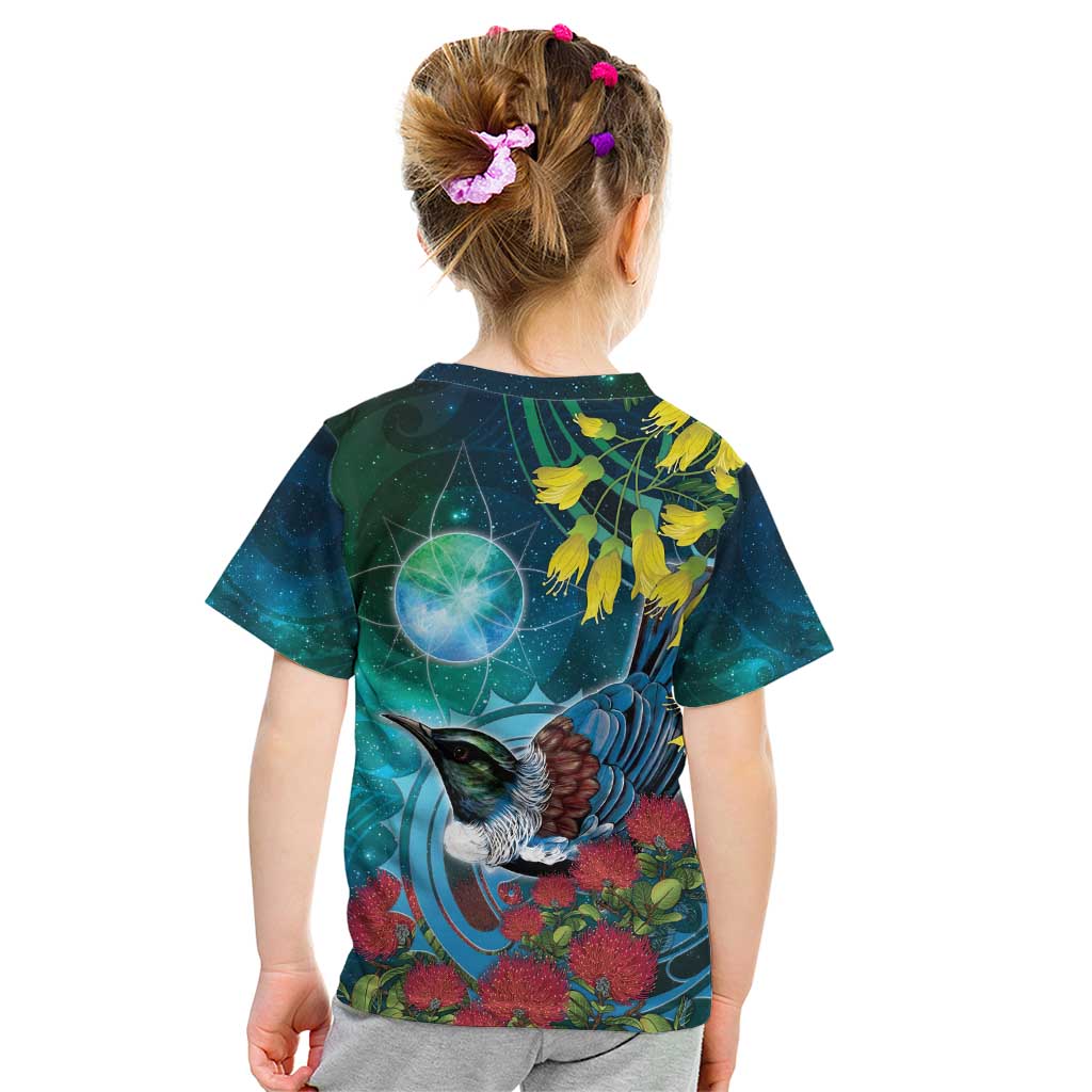 New Zealand Tui Bird Kid T Shirt Maori Koru With Pohutukawa Galaxy Style - Aussie Hoodie