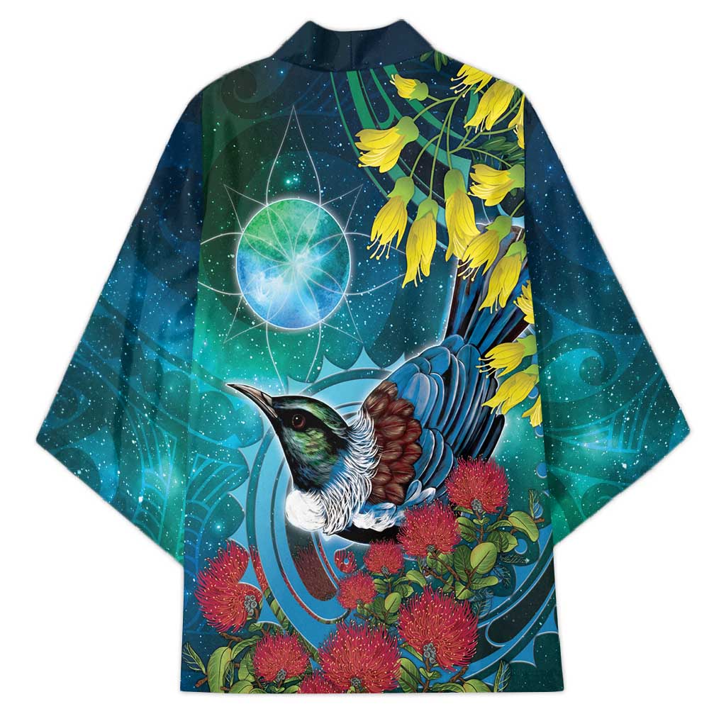 New Zealand Tui Bird Kimono Maori Koru With Pohutukawa Galaxy Style - Aussie Hoodie