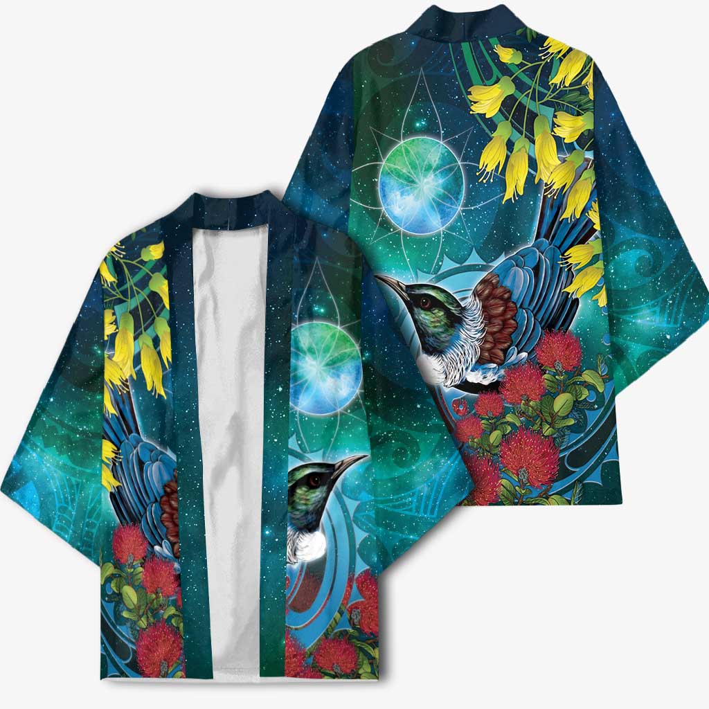 New Zealand Tui Bird Kimono Maori Koru With Pohutukawa Galaxy Style - Aussie Hoodie