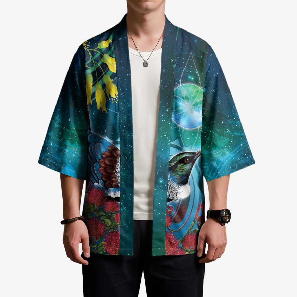 New Zealand Tui Bird Kimono Maori Koru With Pohutukawa Galaxy Style - Aussie Hoodie