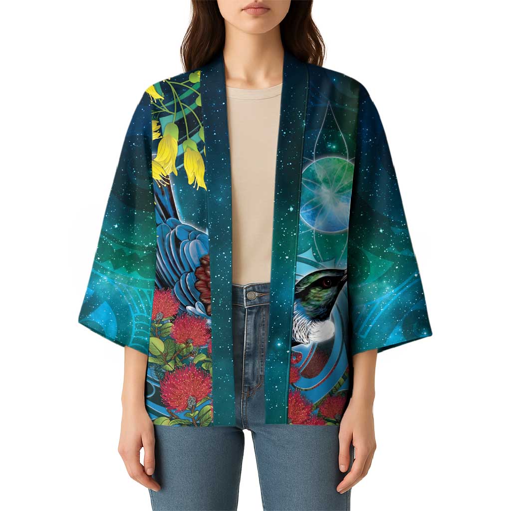 New Zealand Tui Bird Kimono Maori Koru With Pohutukawa Galaxy Style - Aussie Hoodie