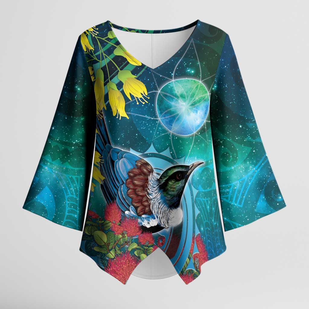 New Zealand Tui Bird Kimono Sleeve Blouse Maori Koru With Pohutukawa Galaxy Style - Aussie Hoodie