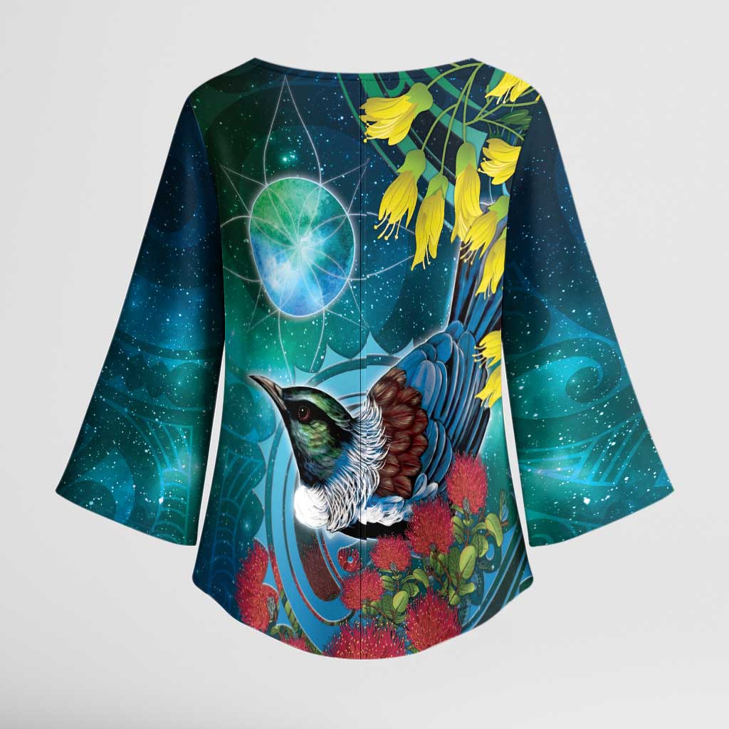 New Zealand Tui Bird Kimono Sleeve Blouse Maori Koru With Pohutukawa Galaxy Style - Aussie Hoodie
