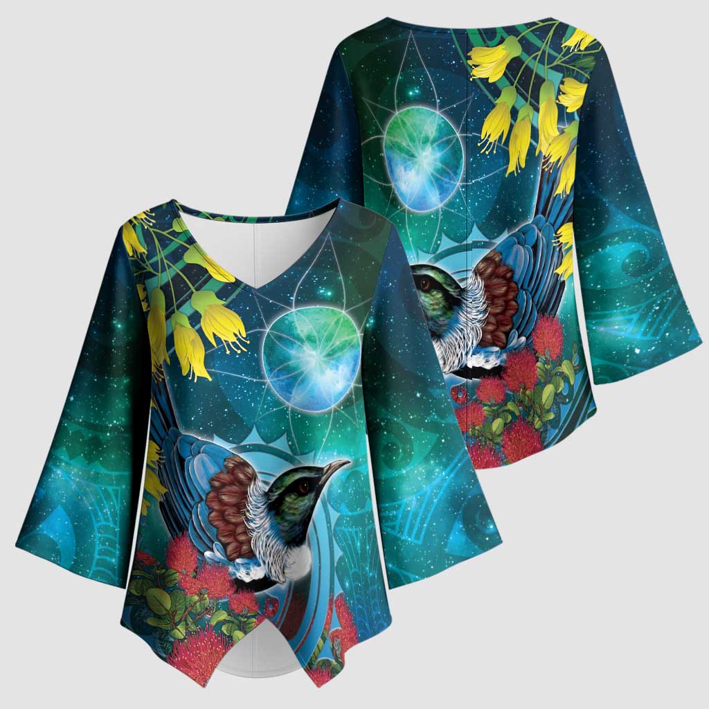 New Zealand Tui Bird Kimono Sleeve Blouse Maori Koru With Pohutukawa Galaxy Style - Aussie Hoodie