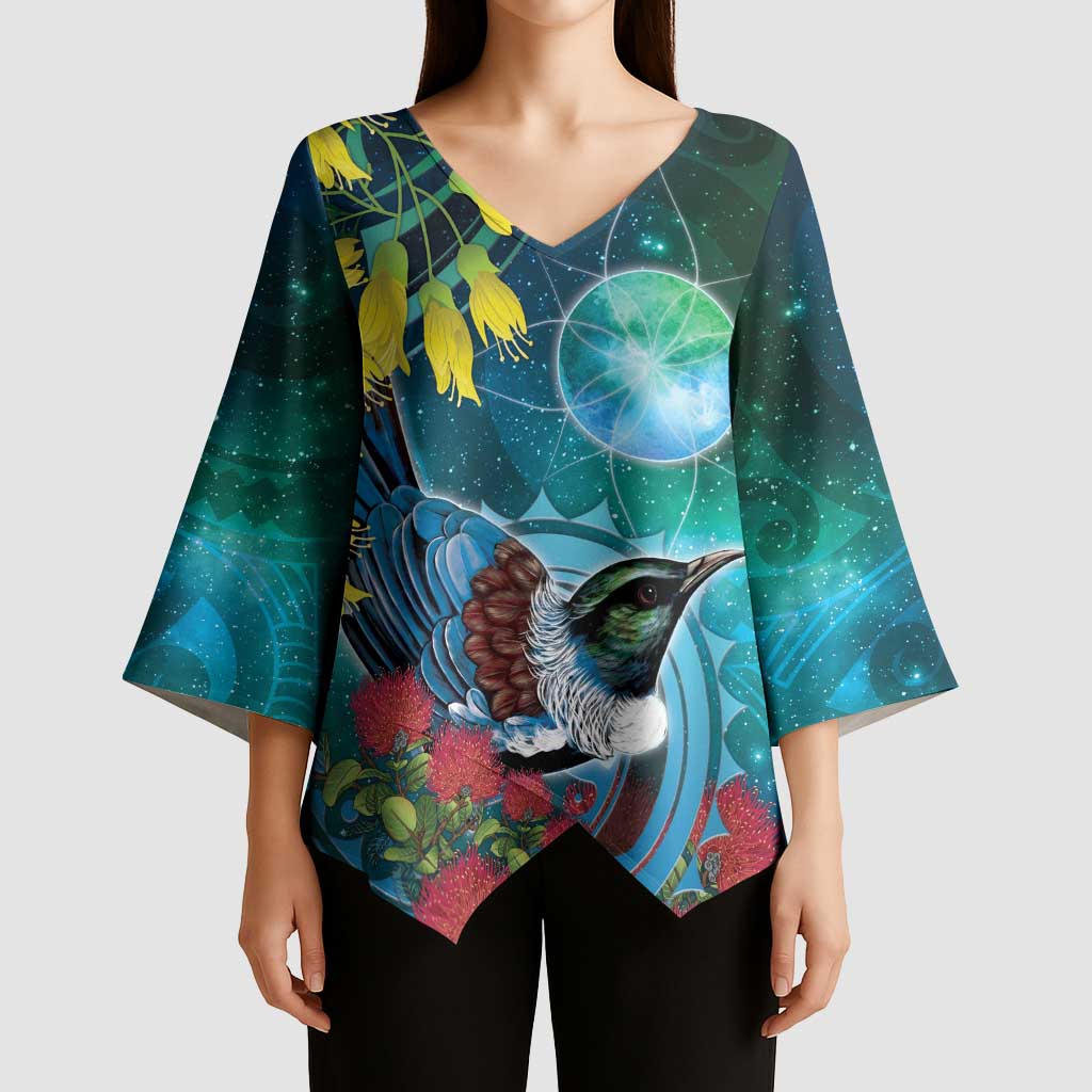 New Zealand Tui Bird Kimono Sleeve Blouse Maori Koru With Pohutukawa Galaxy Style - Aussie Hoodie