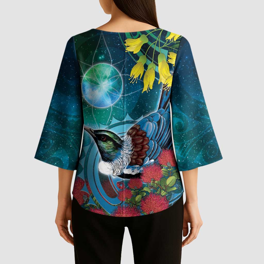 New Zealand Tui Bird Kimono Sleeve Blouse Maori Koru With Pohutukawa Galaxy Style - Aussie Hoodie