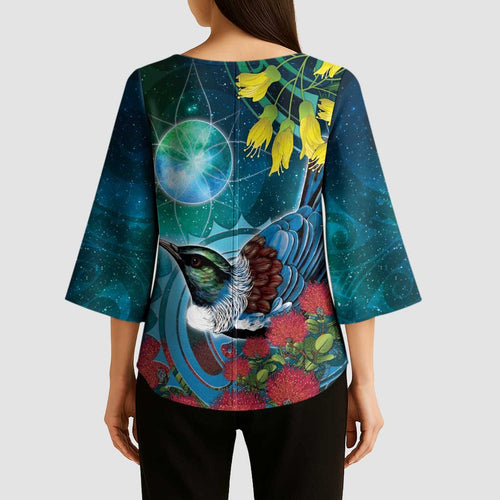 New Zealand Tui Bird Kimono Sleeve Blouse Maori Koru With Pohutukawa Galaxy Style - Aussie Hoodie