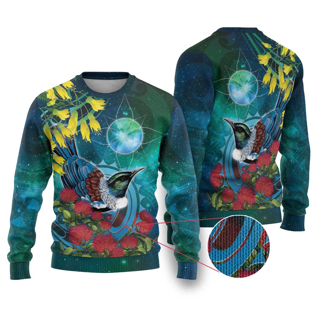 New Zealand Tui Bird Ugly Christmas Sweater Maori Koru With Pohutukawa Galaxy Style - Aussie Hoodie