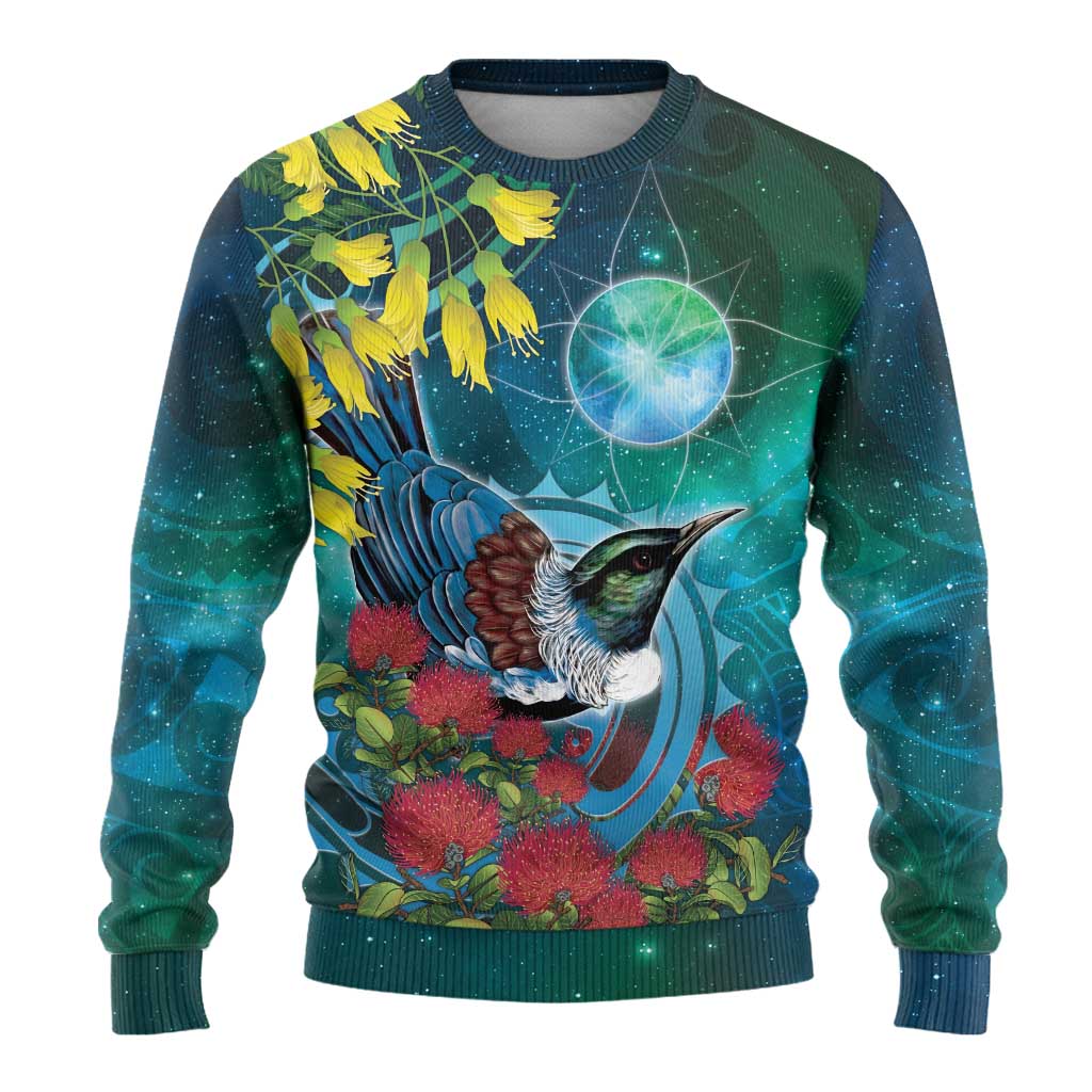 New Zealand Tui Bird Ugly Christmas Sweater Maori Koru With Pohutukawa Galaxy Style - Aussie Hoodie