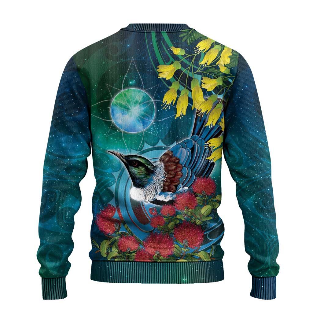 New Zealand Tui Bird Ugly Christmas Sweater Maori Koru With Pohutukawa Galaxy Style - Aussie Hoodie
