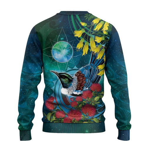 New Zealand Tui Bird Ugly Christmas Sweater Maori Koru With Pohutukawa Galaxy Style - Aussie Hoodie