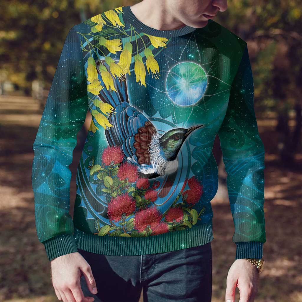 New Zealand Tui Bird Ugly Christmas Sweater Maori Koru With Pohutukawa Galaxy Style - Aussie Hoodie