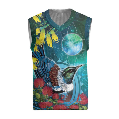 New Zealand Tui Bird Christmas Knitted V-Neck Vest Maori Koru With Pohutukawa Galaxy Style - Aussie Hoodie