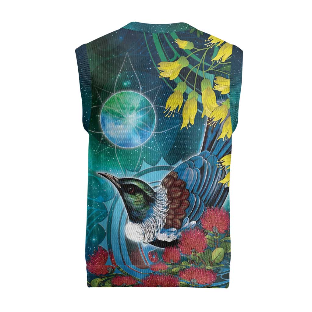 New Zealand Tui Bird Christmas Knitted V-Neck Vest Maori Koru With Pohutukawa Galaxy Style - Aussie Hoodie
