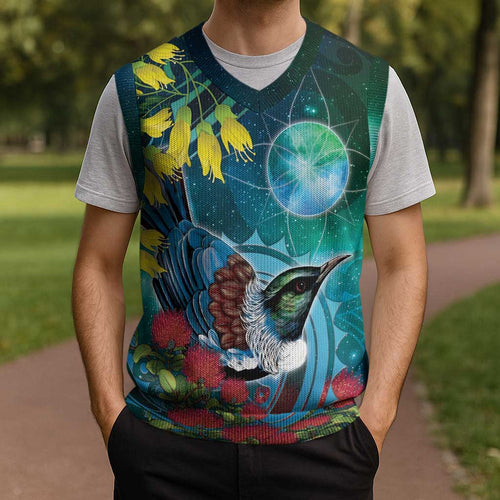 New Zealand Tui Bird Christmas Knitted V-Neck Vest Maori Koru With Pohutukawa Galaxy Style - Aussie Hoodie