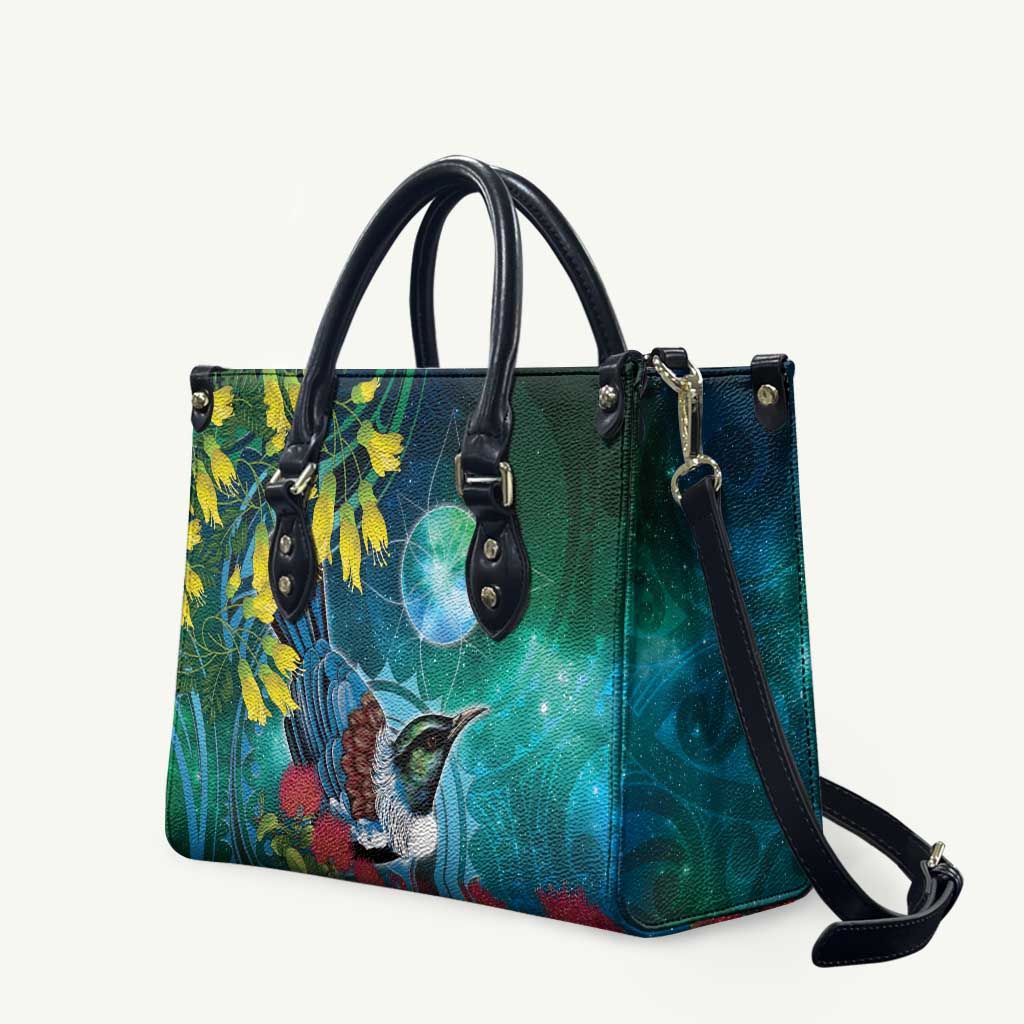 New Zealand Tui Bird Leather Bag Maori Koru With Pohutukawa Galaxy Style - Aussie Hoodie