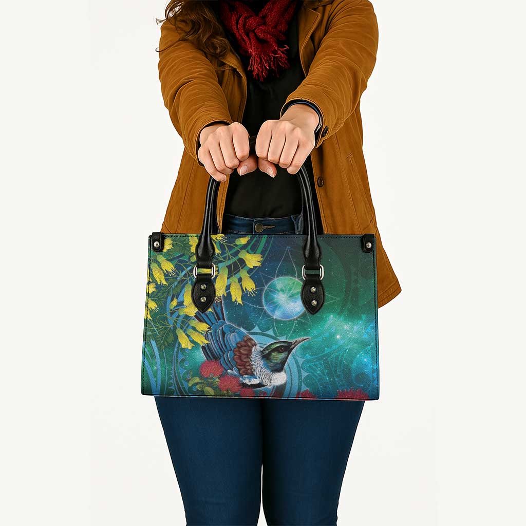 New Zealand Tui Bird Leather Bag Maori Koru With Pohutukawa Galaxy Style - Aussie Hoodie