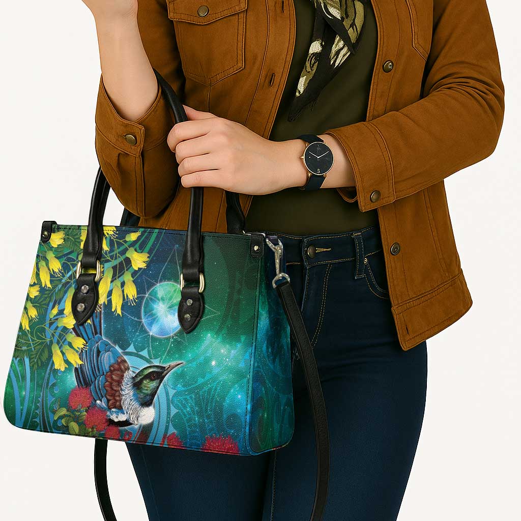 New Zealand Tui Bird Leather Bag Maori Koru With Pohutukawa Galaxy Style - Aussie Hoodie