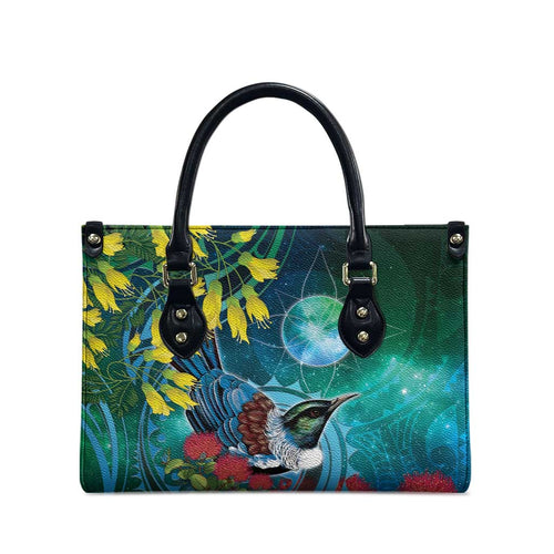 New Zealand Tui Bird Leather Bag Maori Koru With Pohutukawa Galaxy Style - Aussie Hoodie