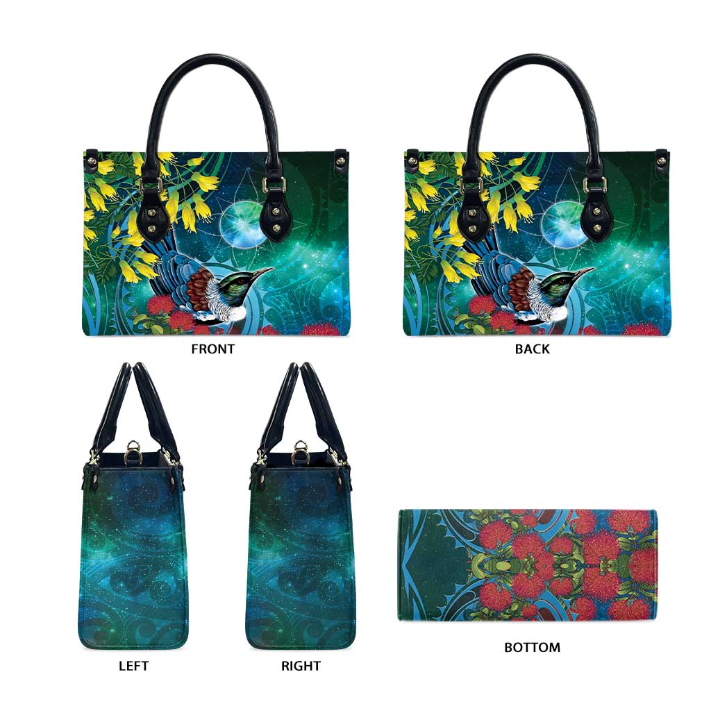 New Zealand Tui Bird Leather Bag Maori Koru With Pohutukawa Galaxy Style - Aussie Hoodie