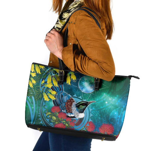 New Zealand Tui Bird Leather Tote Bag Maori Koru With Pohutukawa Galaxy Style - Aussie Hoodie
