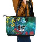New Zealand Tui Bird Leather Tote Bag Maori Koru With Pohutukawa Galaxy Style - Aussie Hoodie