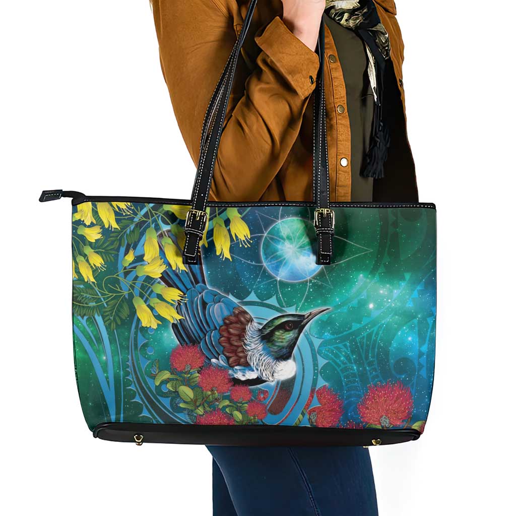 New Zealand Tui Bird Leather Tote Bag Maori Koru With Pohutukawa Galaxy Style - Aussie Hoodie