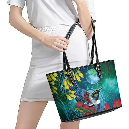 New Zealand Tui Bird Leather Tote Bag Maori Koru With Pohutukawa Galaxy Style - Aussie Hoodie