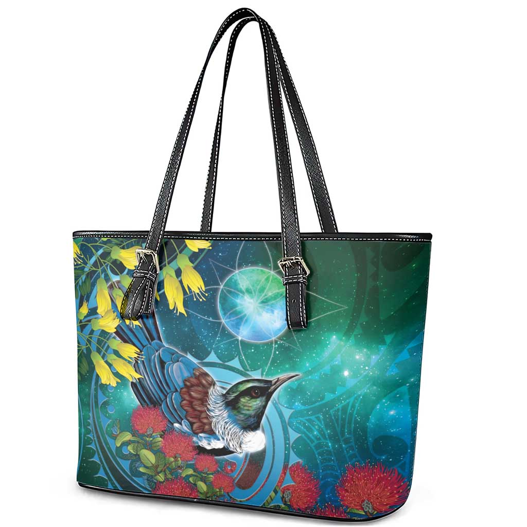 New Zealand Tui Bird Leather Tote Bag Maori Koru With Pohutukawa Galaxy Style - Aussie Hoodie