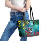 New Zealand Tui Bird Leather Tote Bag Maori Koru With Pohutukawa Galaxy Style - Aussie Hoodie