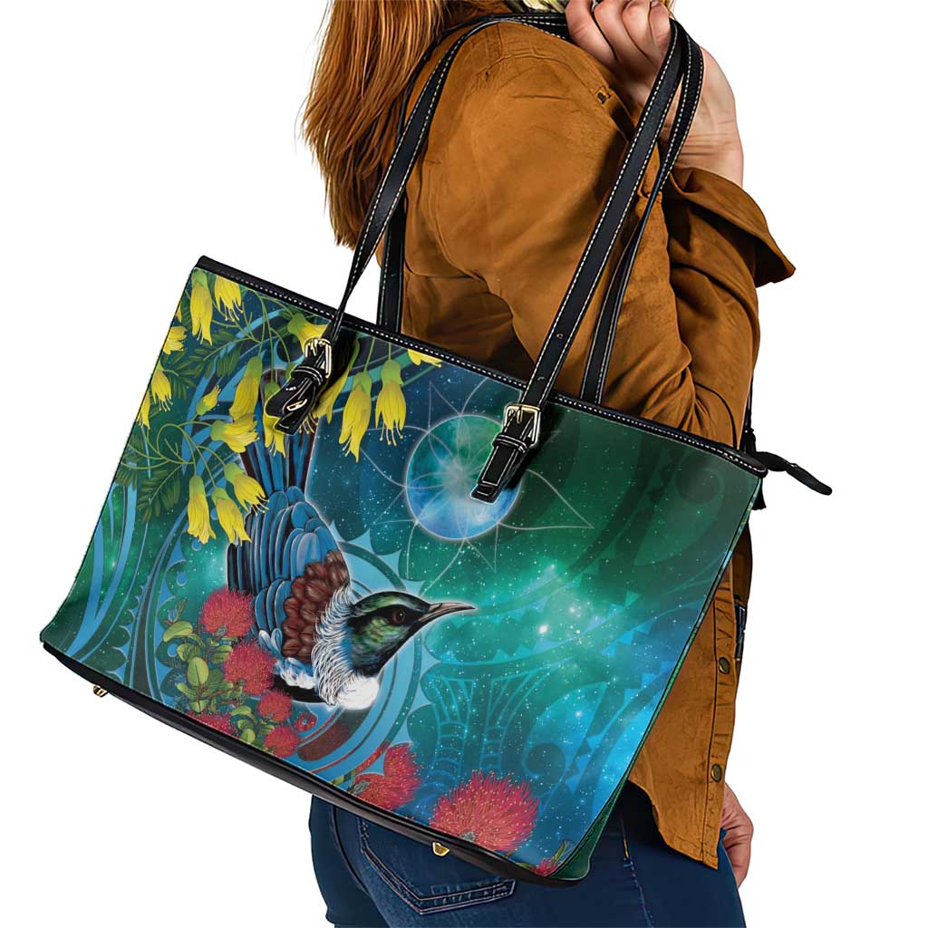 New Zealand Tui Bird Leather Tote Bag Maori Koru With Pohutukawa Galaxy Style - Aussie Hoodie