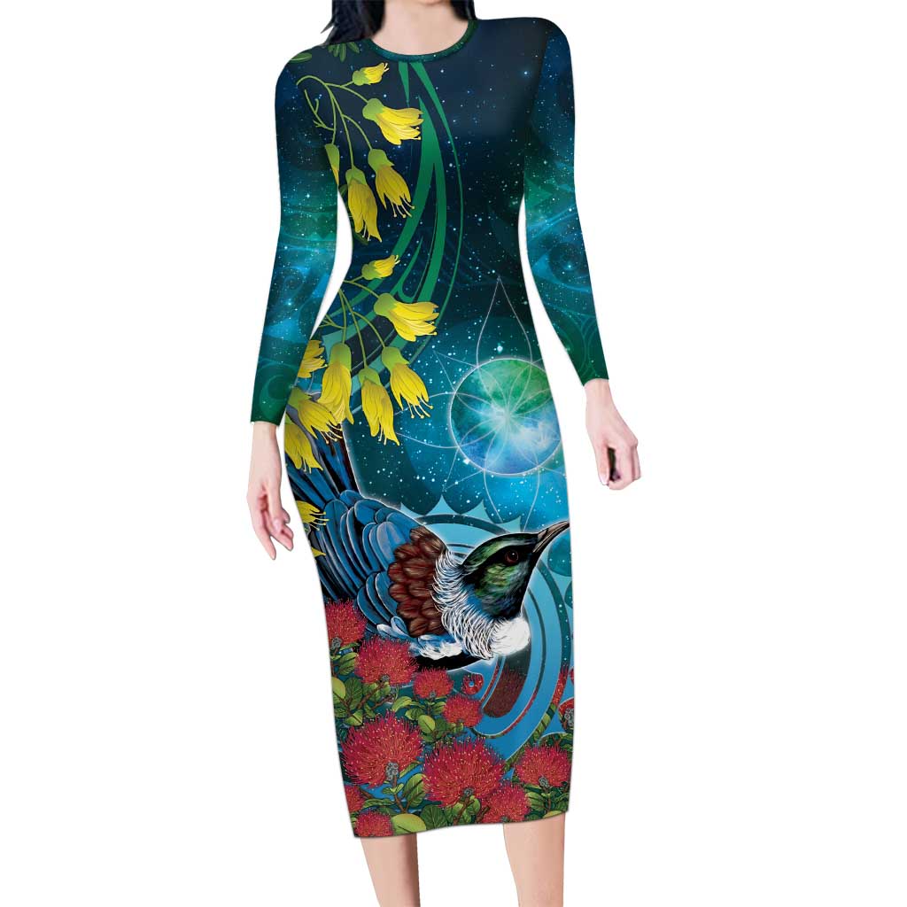 New Zealand Tui Bird Long Sleeve Bodycon Dress Maori Koru With Pohutukawa Galaxy Style - Aussie Hoodie