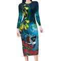 New Zealand Tui Bird Long Sleeve Bodycon Dress Maori Koru With Pohutukawa Galaxy Style - Aussie Hoodie