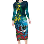New Zealand Tui Bird Long Sleeve Bodycon Dress Maori Koru With Pohutukawa Galaxy Style - Aussie Hoodie