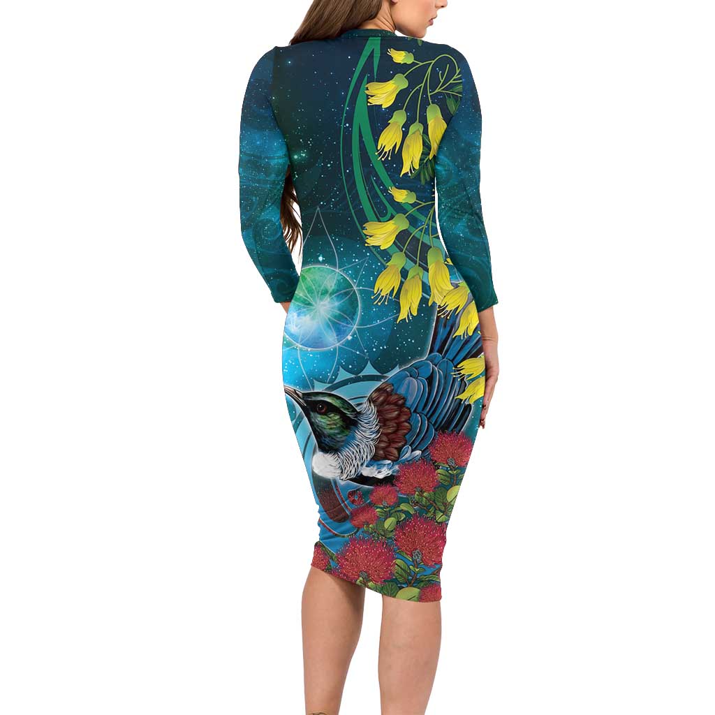 New Zealand Tui Bird Long Sleeve Bodycon Dress Maori Koru With Pohutukawa Galaxy Style - Aussie Hoodie