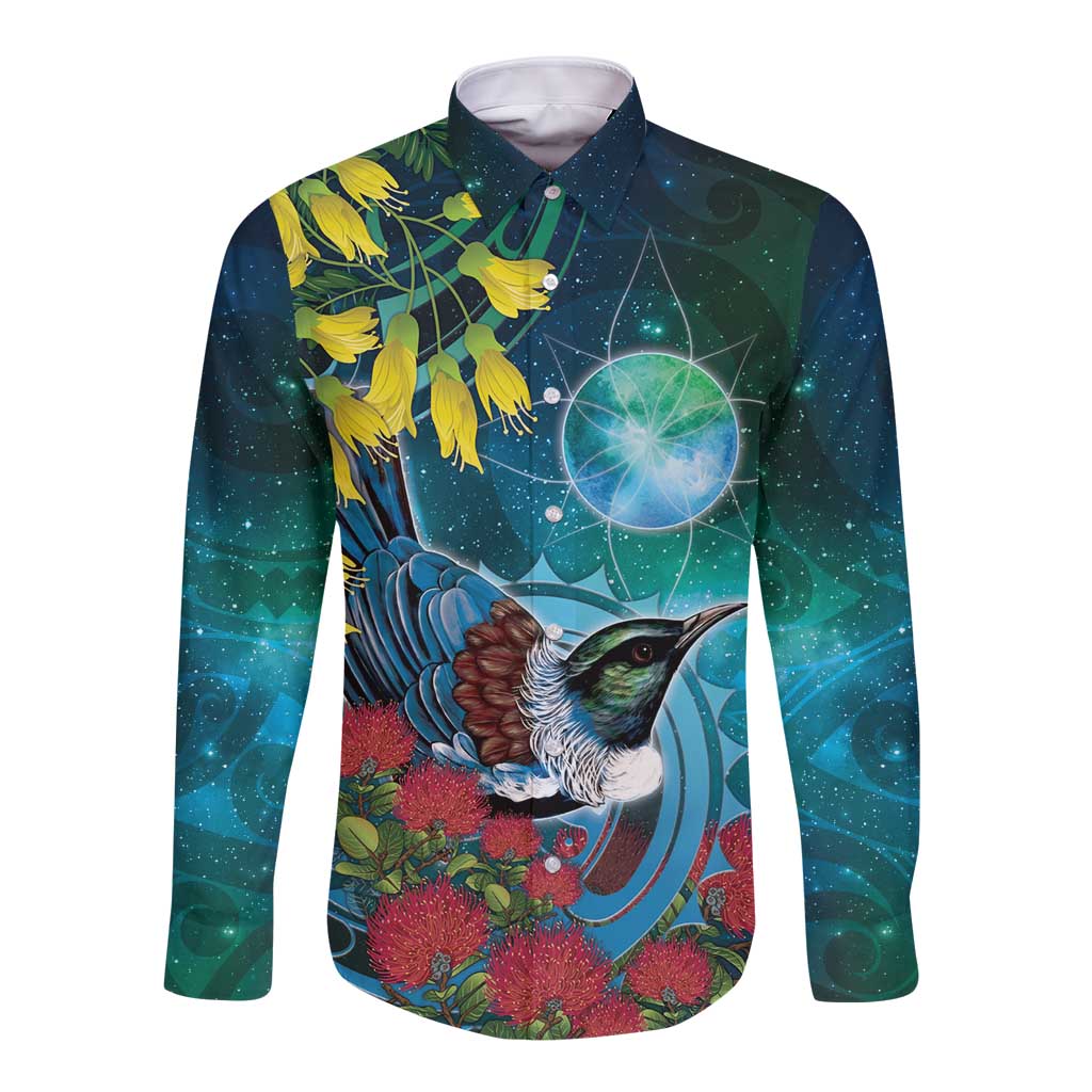 New Zealand Tui Bird Long Sleeve Button Shirt Maori Koru With Pohutukawa Galaxy Style - Aussie Hoodie