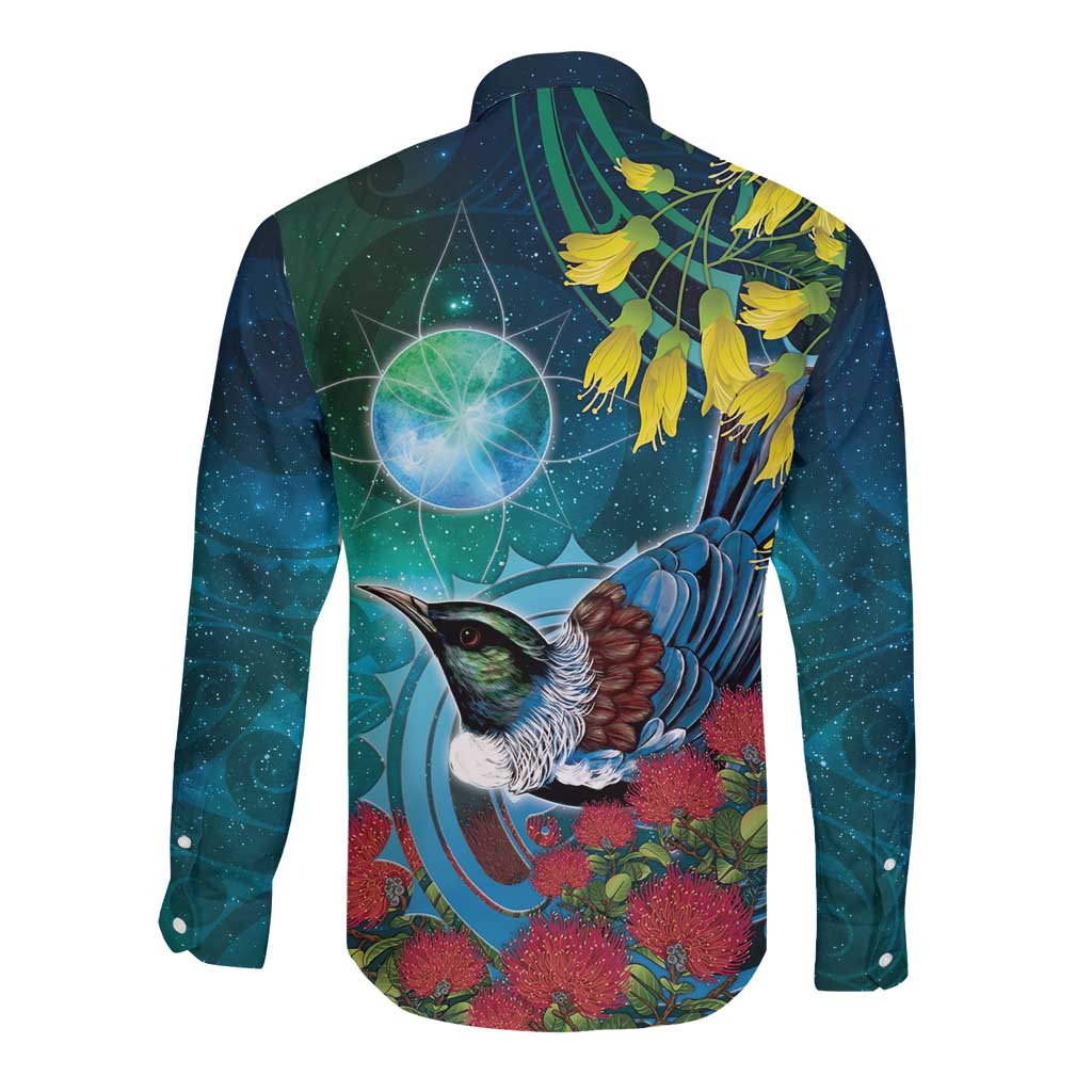 New Zealand Tui Bird Long Sleeve Button Shirt Maori Koru With Pohutukawa Galaxy Style - Aussie Hoodie