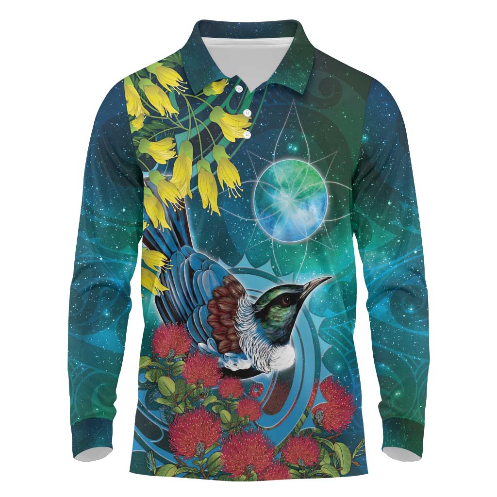 New Zealand Tui Bird Long Sleeve Polo Shirt Maori Koru With Pohutukawa Galaxy Style - Aussie Hoodie
