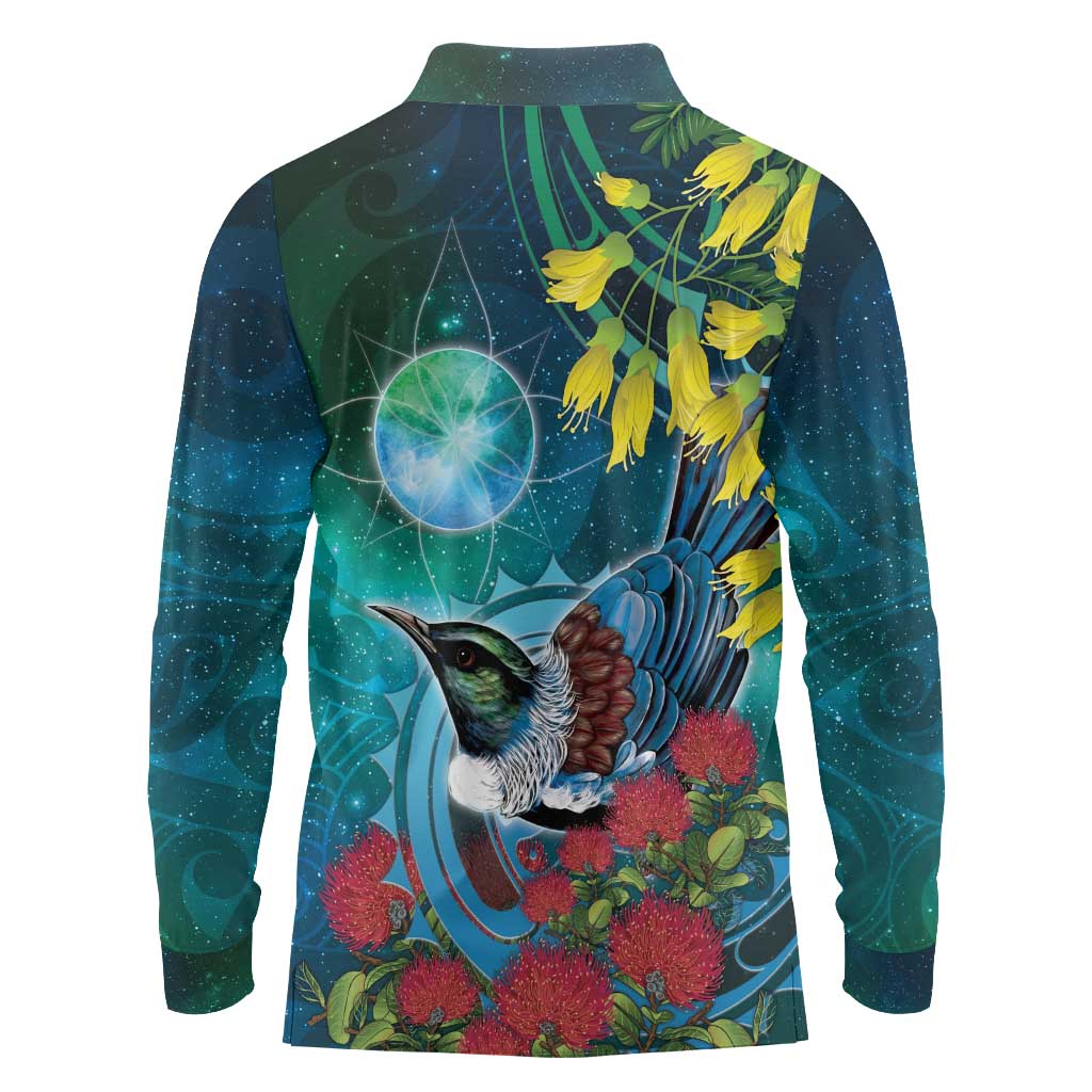 New Zealand Tui Bird Long Sleeve Polo Shirt Maori Koru With Pohutukawa Galaxy Style - Aussie Hoodie