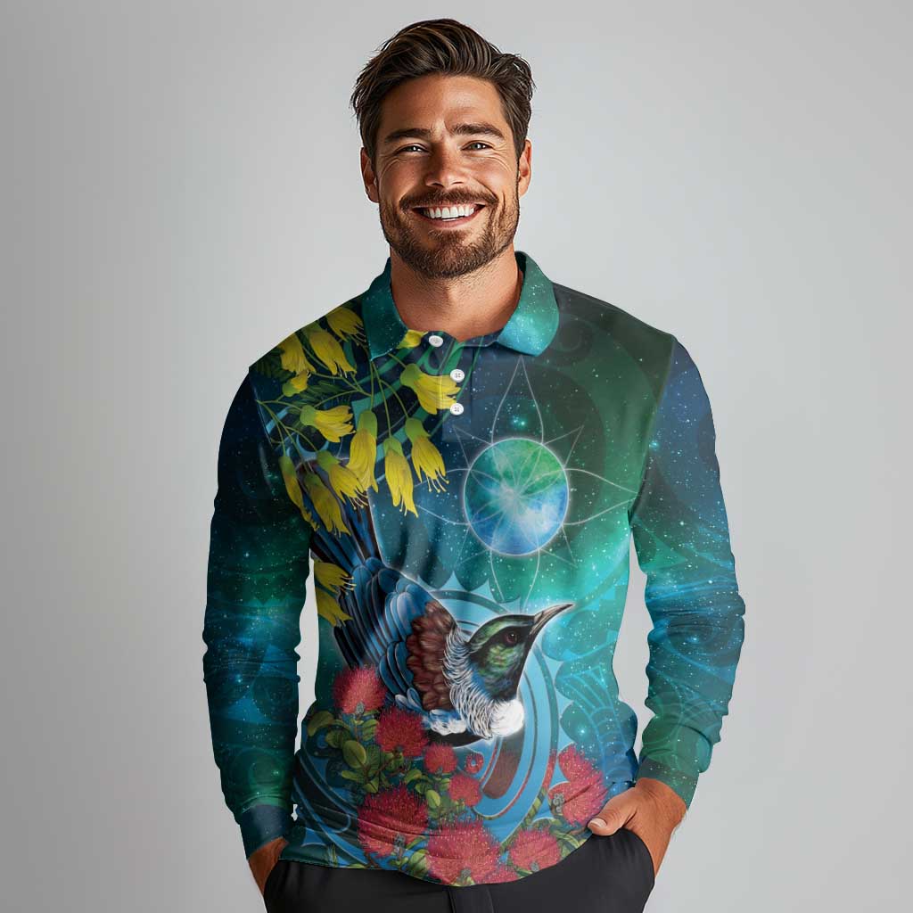 New Zealand Tui Bird Long Sleeve Polo Shirt Maori Koru With Pohutukawa Galaxy Style - Aussie Hoodie