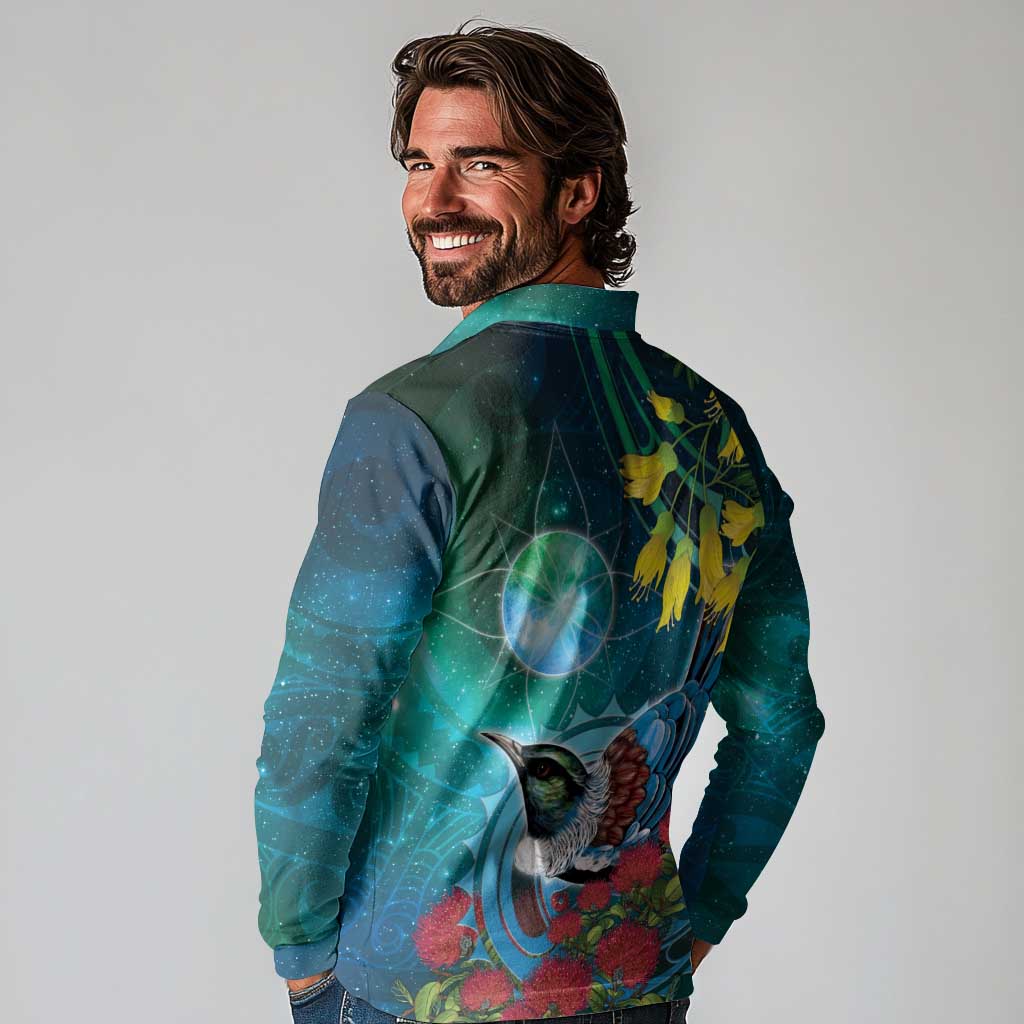New Zealand Tui Bird Long Sleeve Polo Shirt Maori Koru With Pohutukawa Galaxy Style - Aussie Hoodie