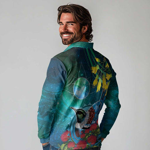 New Zealand Tui Bird Long Sleeve Polo Shirt Maori Koru With Pohutukawa Galaxy Style - Aussie Hoodie