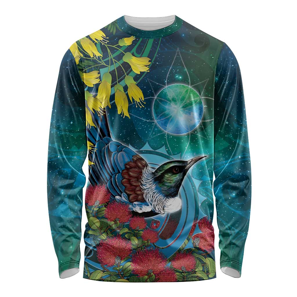 New Zealand Tui Bird Long Sleeve Shirt Maori Koru With Pohutukawa Galaxy Style - Aussie Hoodie
