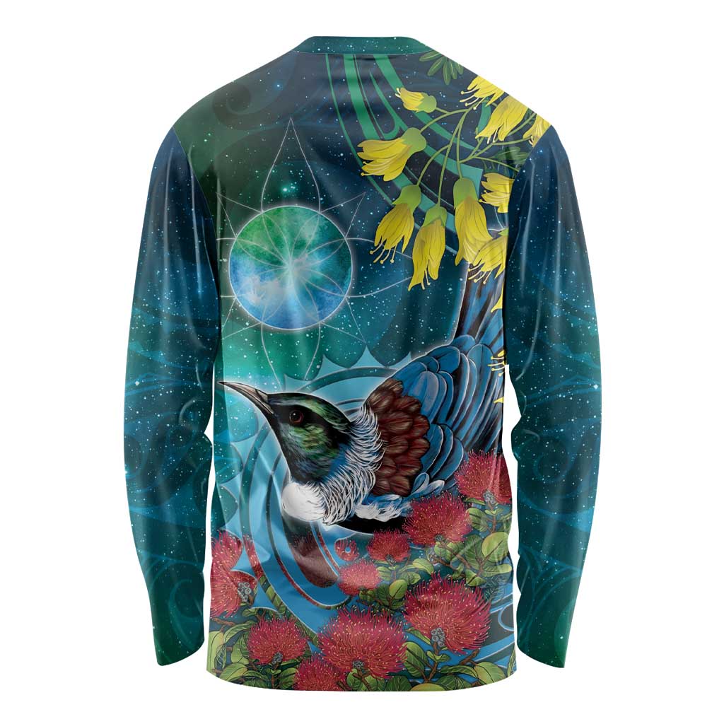 New Zealand Tui Bird Long Sleeve Shirt Maori Koru With Pohutukawa Galaxy Style - Aussie Hoodie