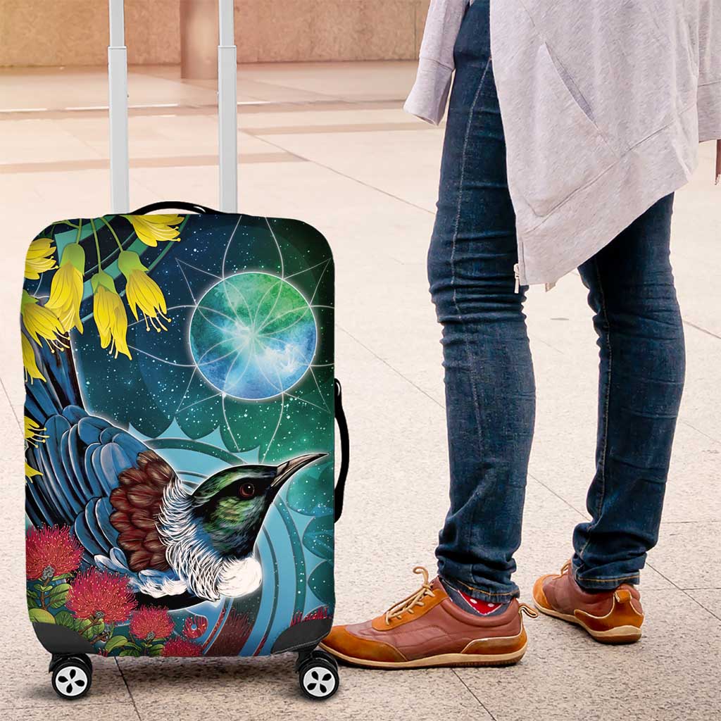 New Zealand Tui Bird Luggage Cover Maori Koru With Pohutukawa Galaxy Style - Aussie Hoodie