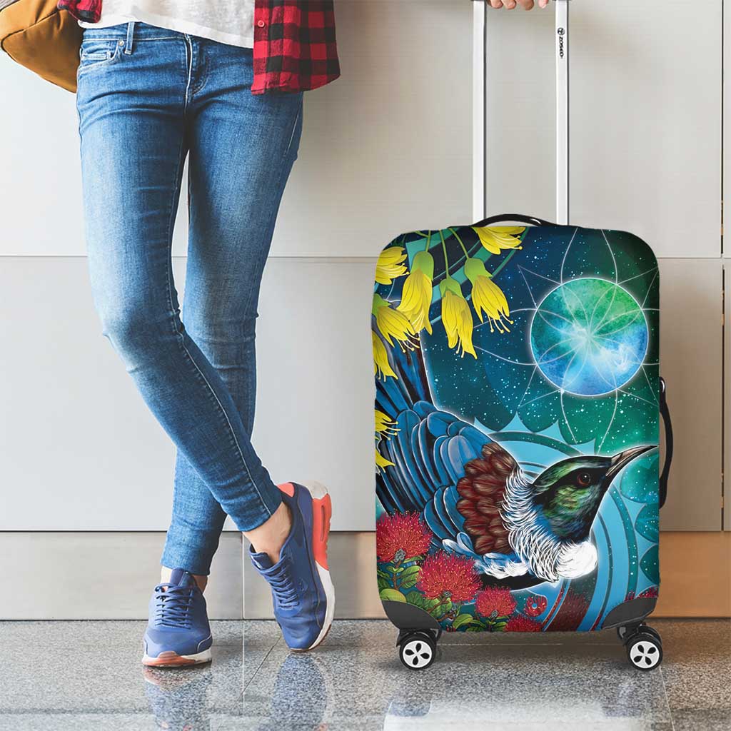 New Zealand Tui Bird Luggage Cover Maori Koru With Pohutukawa Galaxy Style - Aussie Hoodie