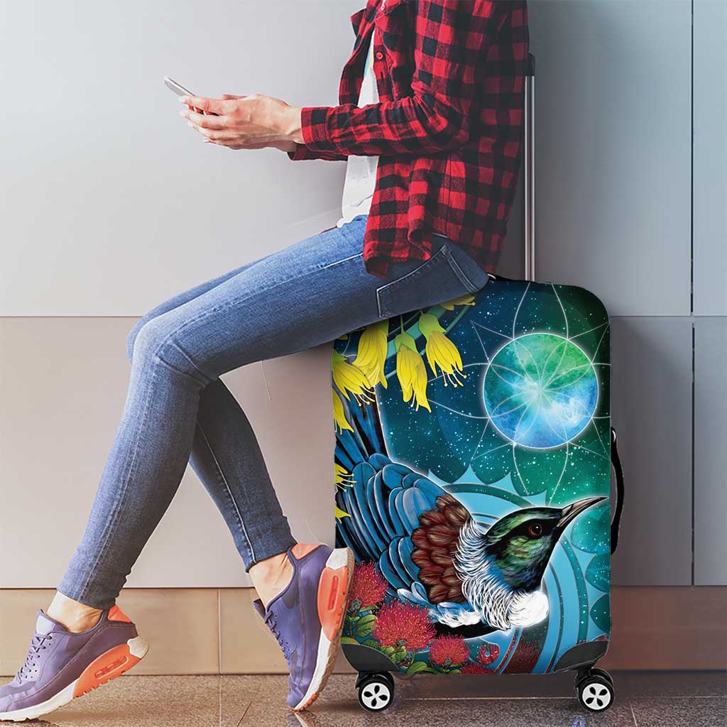 New Zealand Tui Bird Luggage Cover Maori Koru With Pohutukawa Galaxy Style - Aussie Hoodie